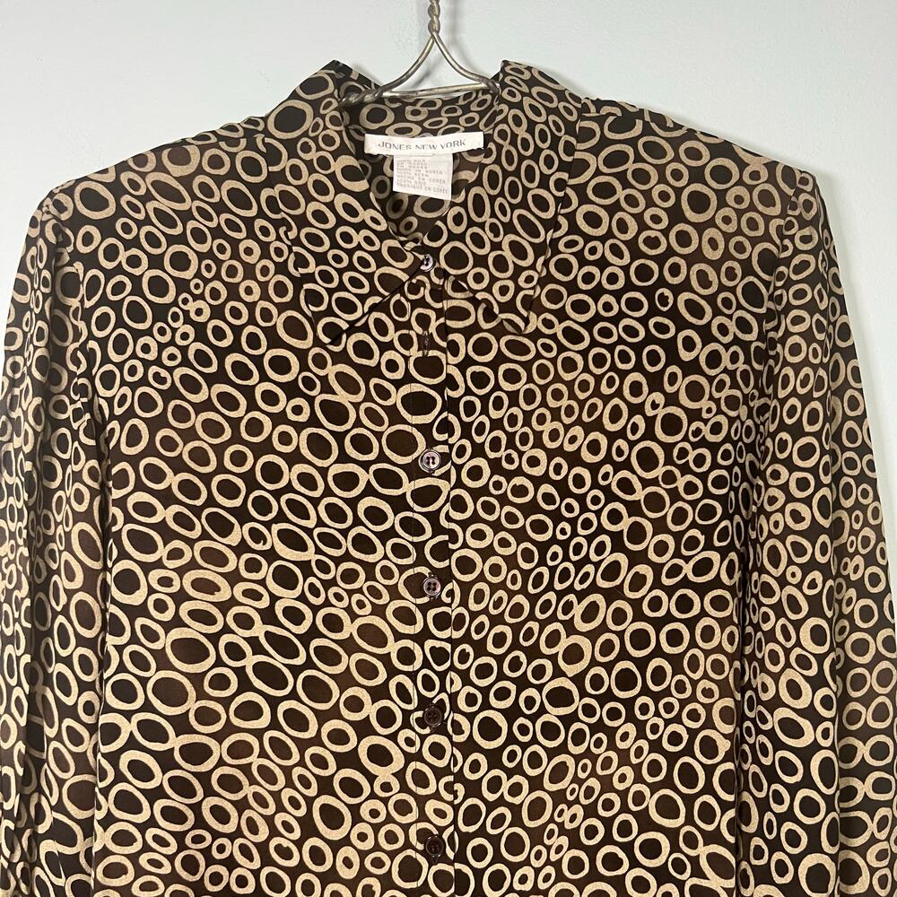 Jones New York Women Size 16 Silk Black Tan Circle Blouse Long Sleeve Shirt - Picture 3 of 9